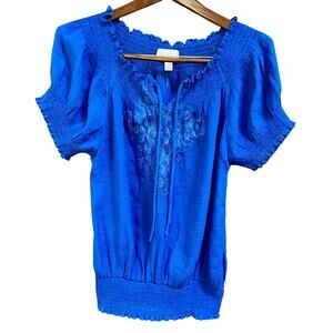 Dressbarn Peasant Blouse Lace Applique Royal Blue 1X